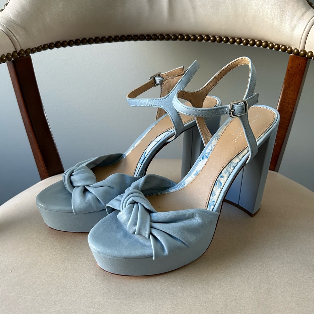 Born on Fifth by Antonio Melani light blue platform knot bow leather heels